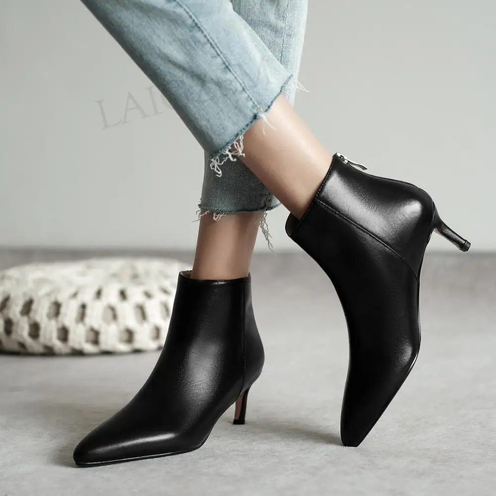 LAIGZEM SUPER Women Booties Kitten Heels Ankle Boots Real LEATHER Back Zip Ladies Shoes Woman Botas Mujer Big Size 33 38 39 43