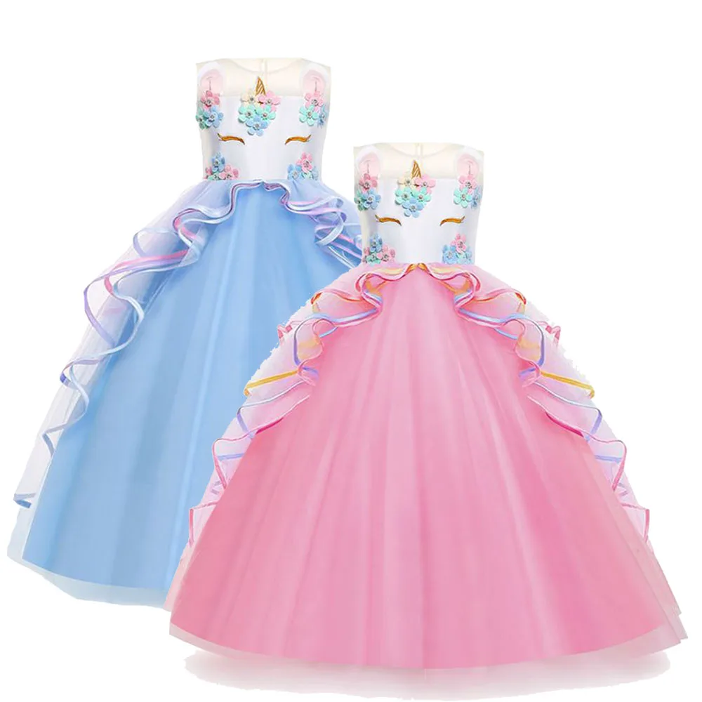 2021 Summer Flower girl Unicorn menina rainbow wedding party dress girl birthday party Unicorn role dance performance dress