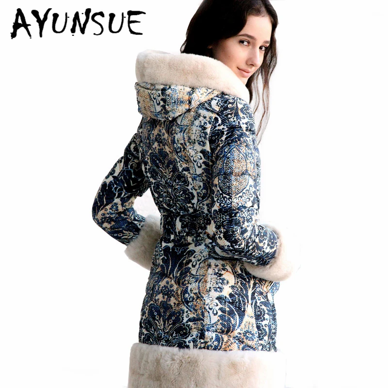 

AYUNSUE Real Rex Rabbit Fur Hooded Women's Winter Down Jacket Woman Coat Female Floral Thick Warm Duck Down Parkas Abrigos 8677