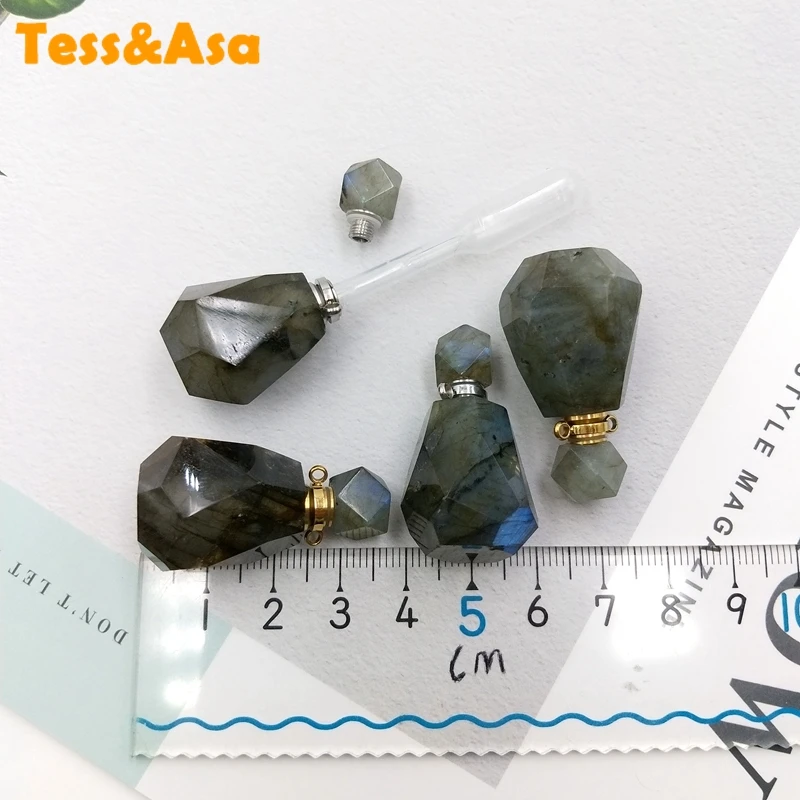 Natural labradorite perfume bottle Gems essential oils diffuser shiny stone vial freeform Faceted charm for sweater necklace