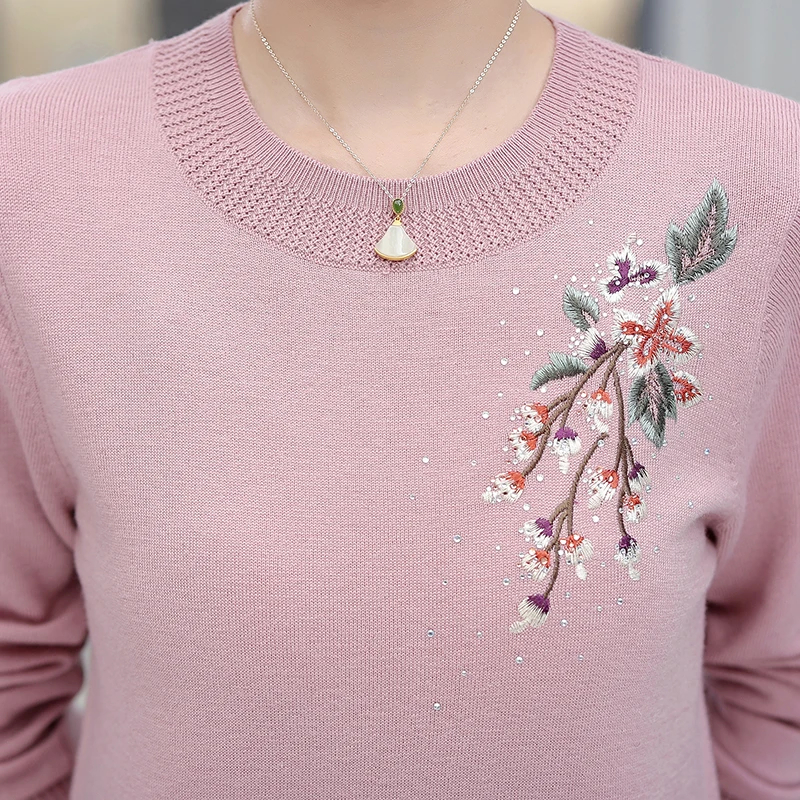 Women Cashmere Floral Sweater Autumn Winter Elegant Female Embroidery Sweaters O-Neck Flowers Wool Blouse Pullovers