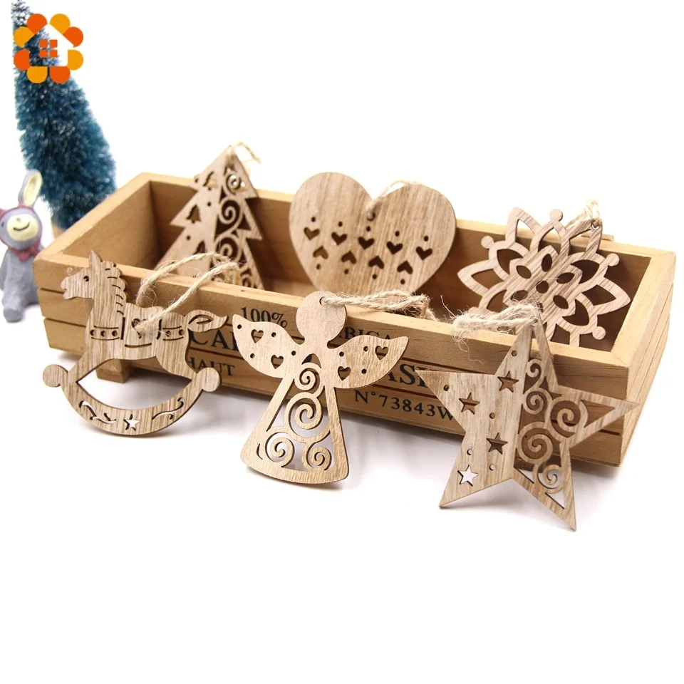 6PCS Vintage Christmas Wooden Pendant Hollow Canton Hanging Ornaments for Christmas Tree Decoration  DIY Wood Crafts Kids Toys