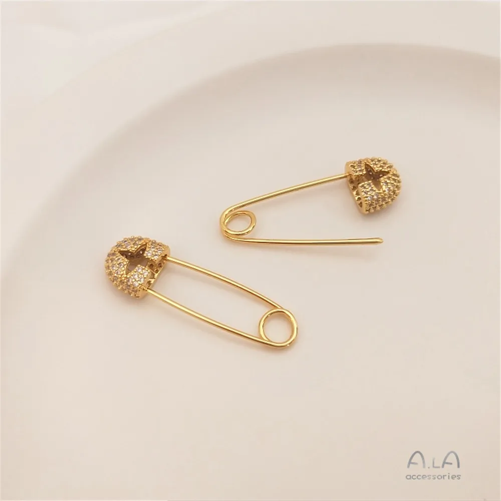 18K Gold Color Micro-set zircon back-shaped brooch hand-made earpin, diy first accessory connecting buckle