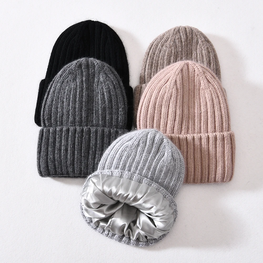 Winter Silk Satin Lined Beanie Hats Women Men Unisex Thick Chunky Cap Striped Warm Soft High Quality Cashmere Knitted Beanie Hat