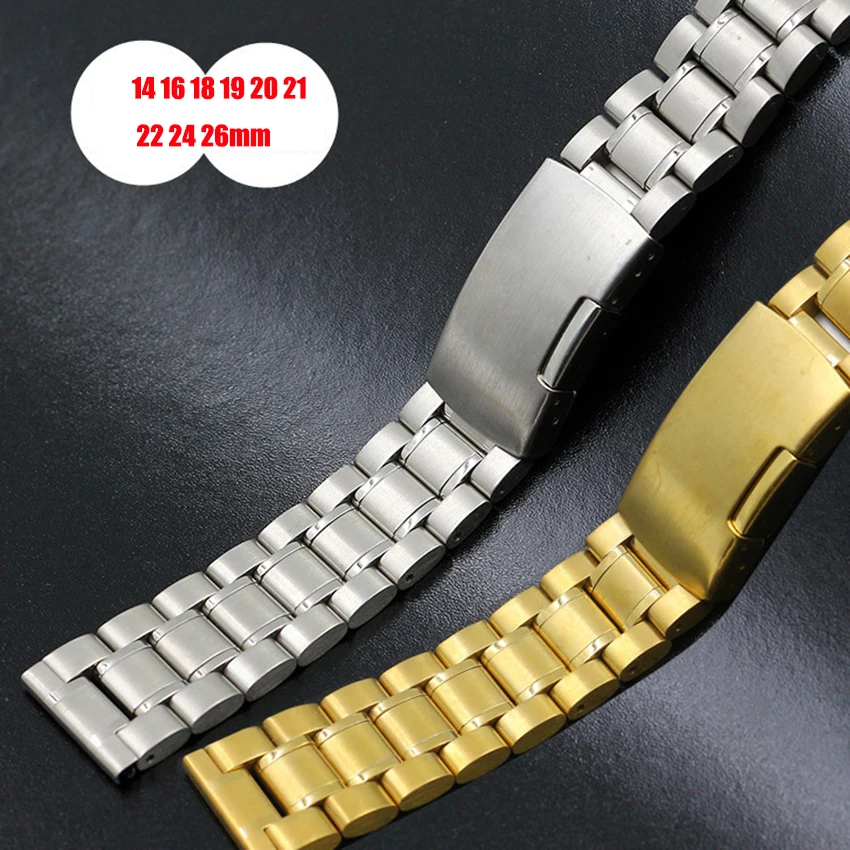 Solid Flat Interface Watchband 14 16 18 19 20 21 22MM 24 26mm Wristband Black Silver Gold  Strap For Men Women Watches With Tool