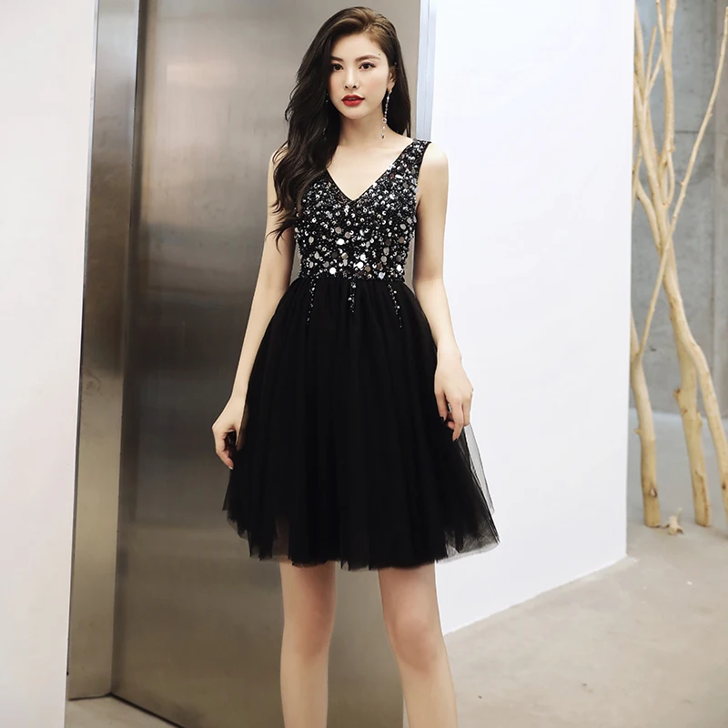 Ladybeauty 2019 Crystal Beaded Koktail Pendek Gaun Hitam Homecoming Gaun Leher V Seksi Mengkilap Mini Prom Gaun Abiye Vestidos