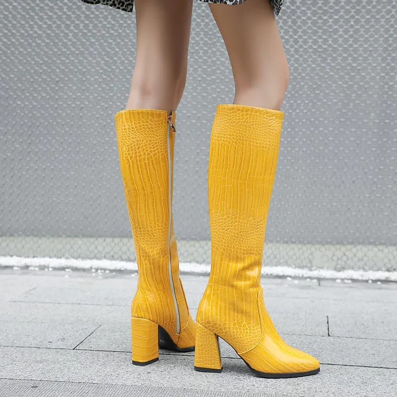 Green Yellow Boots Woman Warm Fleece Crocodile Pattern Block High Heels Zipper Womens Winter Boots Knee High Long Boots Size 43