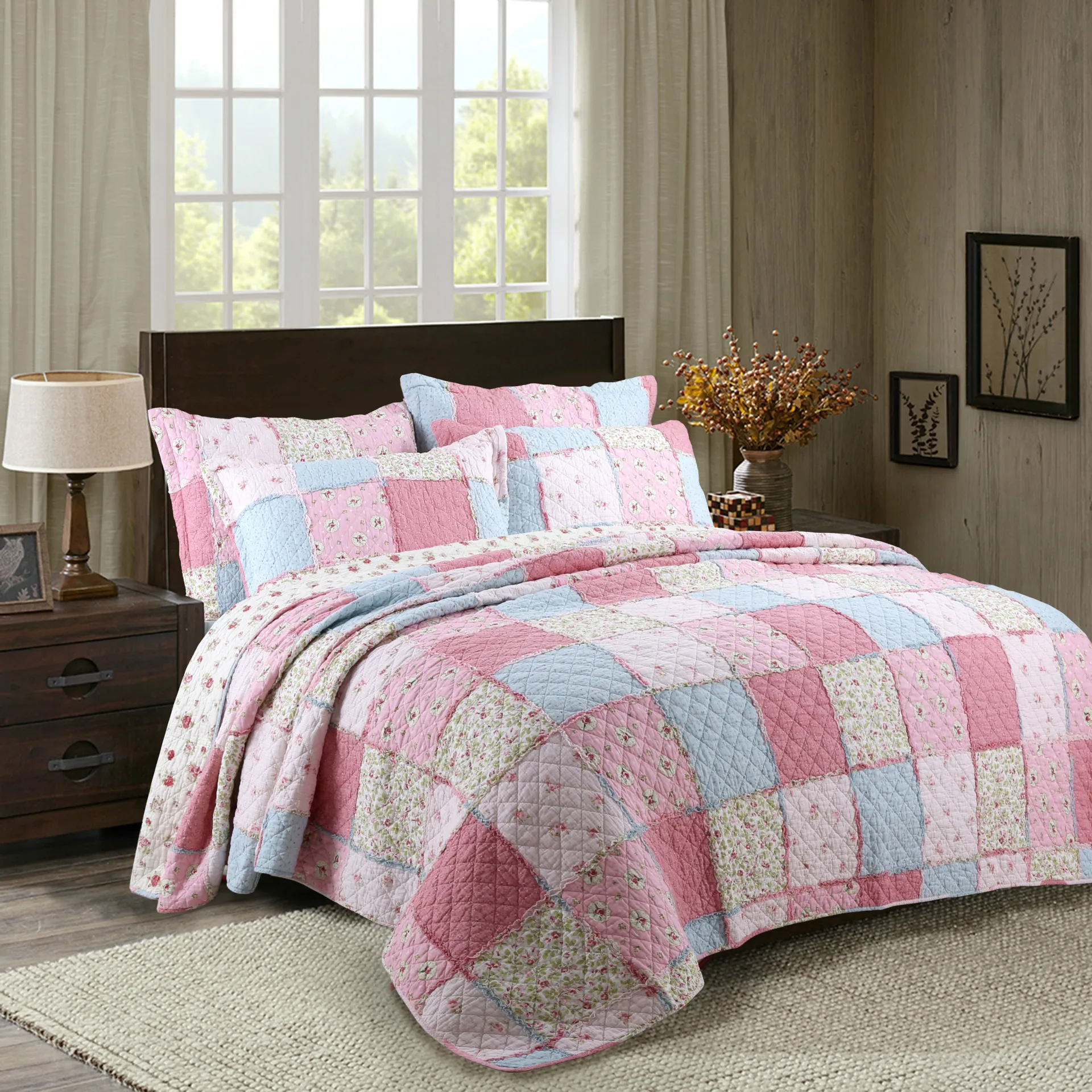 Pink Blue American Europe Floral BedCover KingSize 3pcsSet Cotton Patchwork Quilting Quilts Blanket Quilted Bedspreads Coverlets