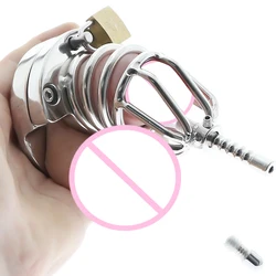 Stainless Steel Chastity Cage Ball Stretcher with Urethral Catheter Cock Cage Cock Lock Ring Chastity Belt BDSM Sex Toys for Men