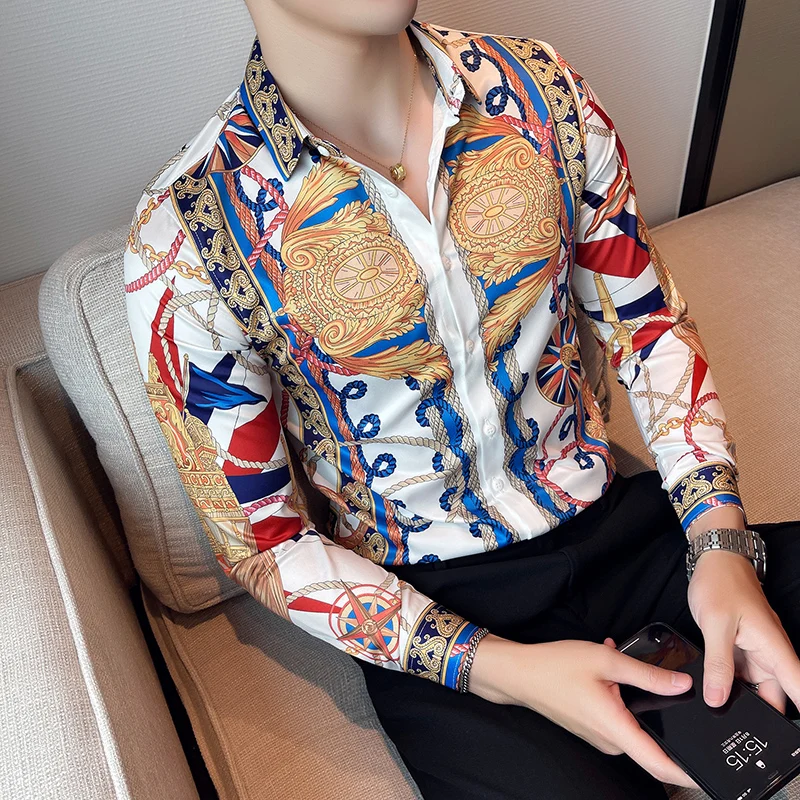 Royal Noble Printed Shirts For Men Buttons Down Lapel Camisas De Hombre Manga Larga Korean Style Slim Fit Shirt Blouse Men M-4XL