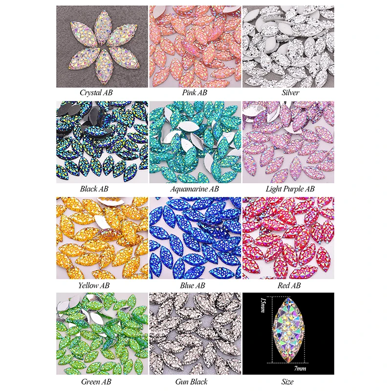 JUNAO 100pcs 7x15mm Crystal AB Horse Eye Flat Back Rhinestone Applique Resin Stones and Crystal Glue on Strass for Clothes