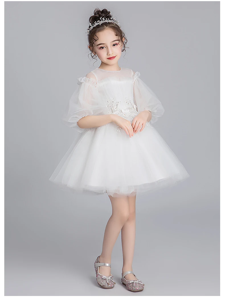 White Tulle Embroidery Flower Princess Girl Dress Half Sleeve Wedding Birthday Party Dress Toddler Girls Pageant Communion Gowns