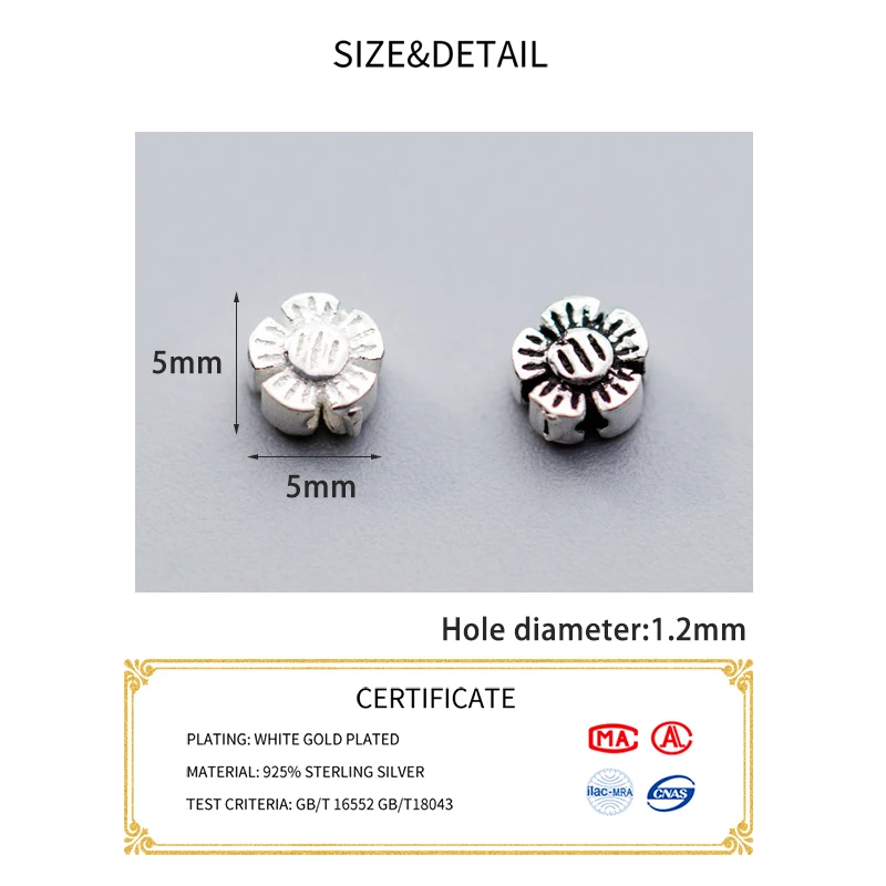 MEETSOFT Trendy 925 Sterling Silver 2pcs/lot 5mm Flower Space Bead Charms Handmade Of DIY Jewelry Necklace Bracelect Accessory