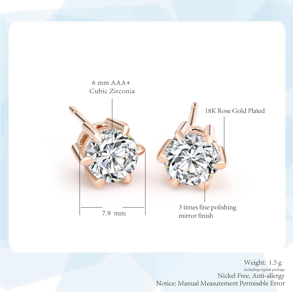 ZHOUYANG Stud Earring For Women Classic Six Claws 5mm 0.5ct Round Cut Cubic Zirconia Rose Gold Color Fashion Jewelry ZYE036