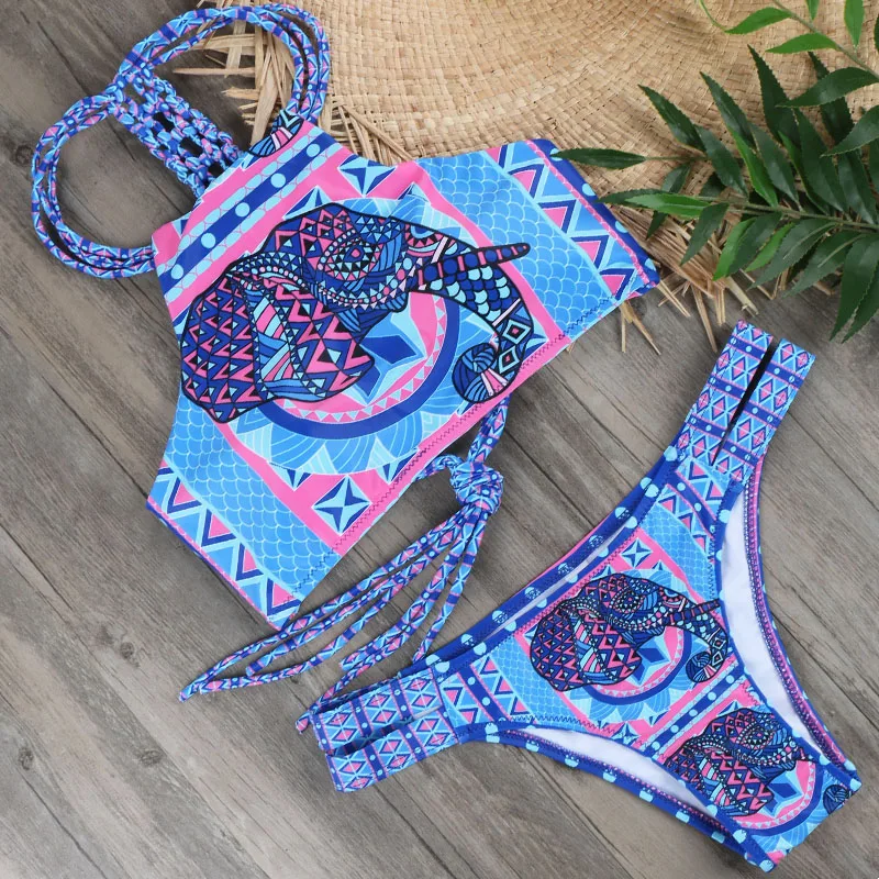 

2025 New Bikinis Set Bikini Swimwear Woman Swimsuit Elephant Print Multicolor Low waist Wholesale Pads Push Up Beach Outfit