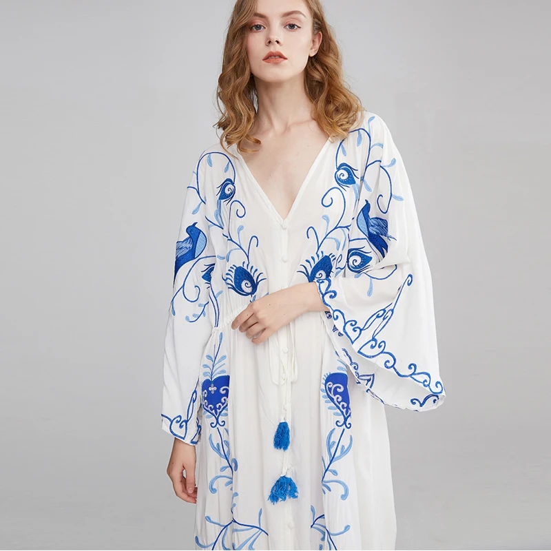 TEELYNN maxi dress for women 2020 vintage white cotton floral Embroidery dresses sexy V-neck dress brand boho dresses Vestido