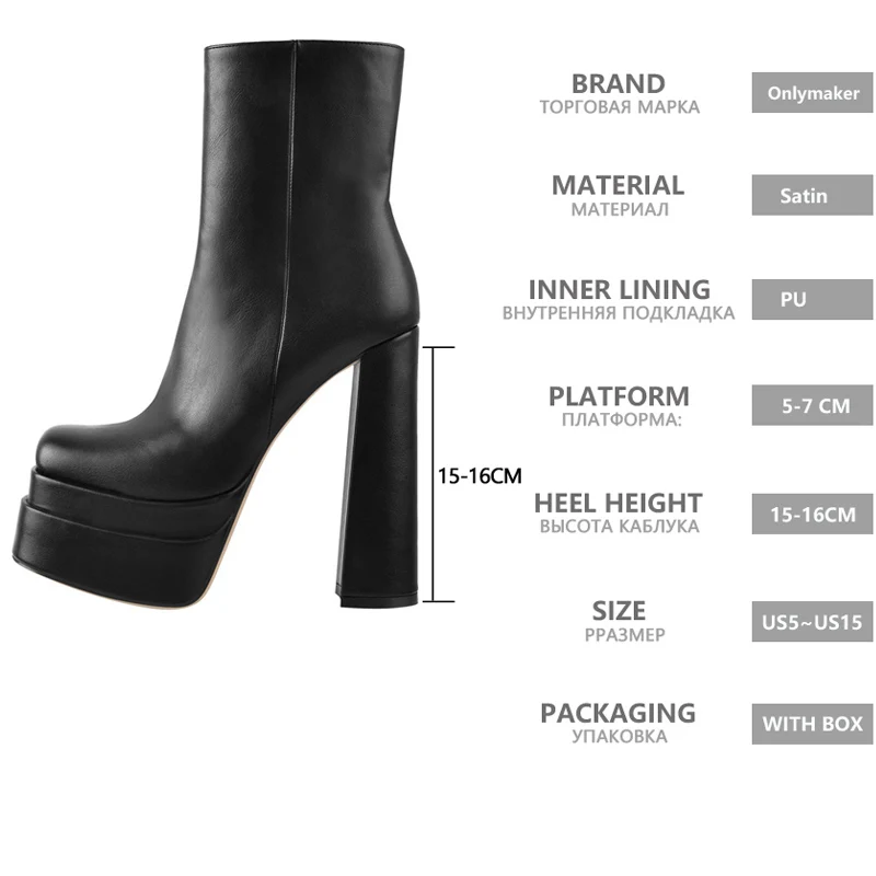 Onlymaker Women Concise Black Ankle Boots Matte Round Toe Zipper PlatformThick High Heels Fashion Party Dress Dance Booties