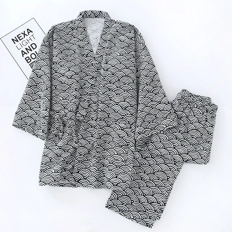 Couple 100% Cotton Yarn Pajamas Long Sleeved Trousers Sleepwear Japanese Kimono Sleeping Clothes Loose Thin Plus Size 2 Piece