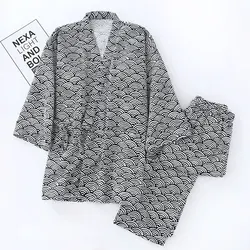 Pyjama en Fil de Coton à Manches sulfpour Couple, Vêtements de Nuit, Kimono Japonais, Grande Taille, 100%, 2 Pièces