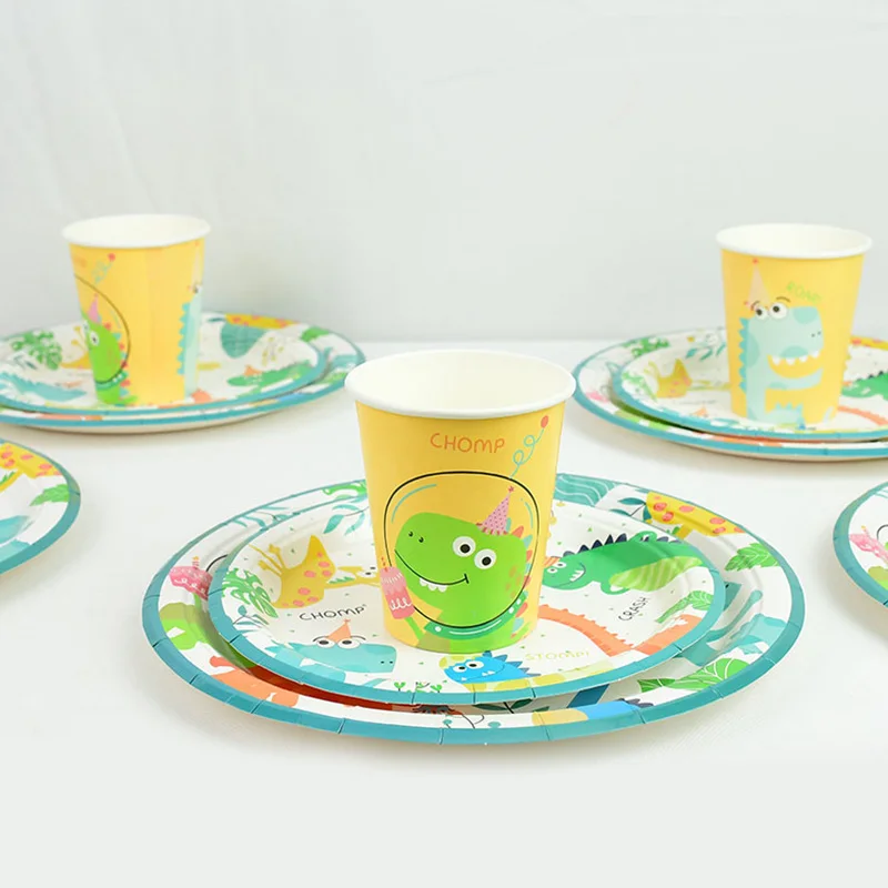 Hot 49Pcs Dinosaur Theme Party Disposable Tableware Set Paper Plate Cup Kids Boy Jungle Birthday Party Decoration Baby