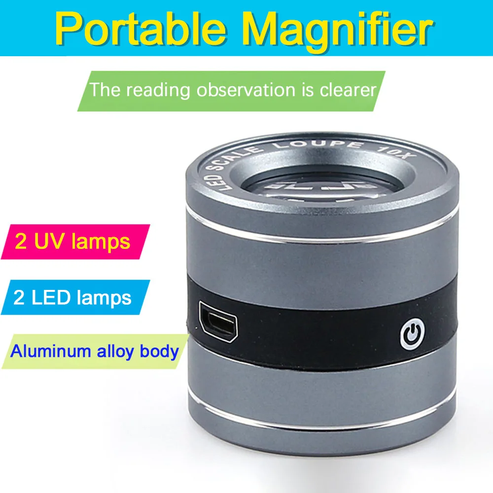 

10X Full Metal HD Magnifying Glass USB Charging Lens Loupe with Scale Mini Handheld Magnifier for Jewelry Appraisal