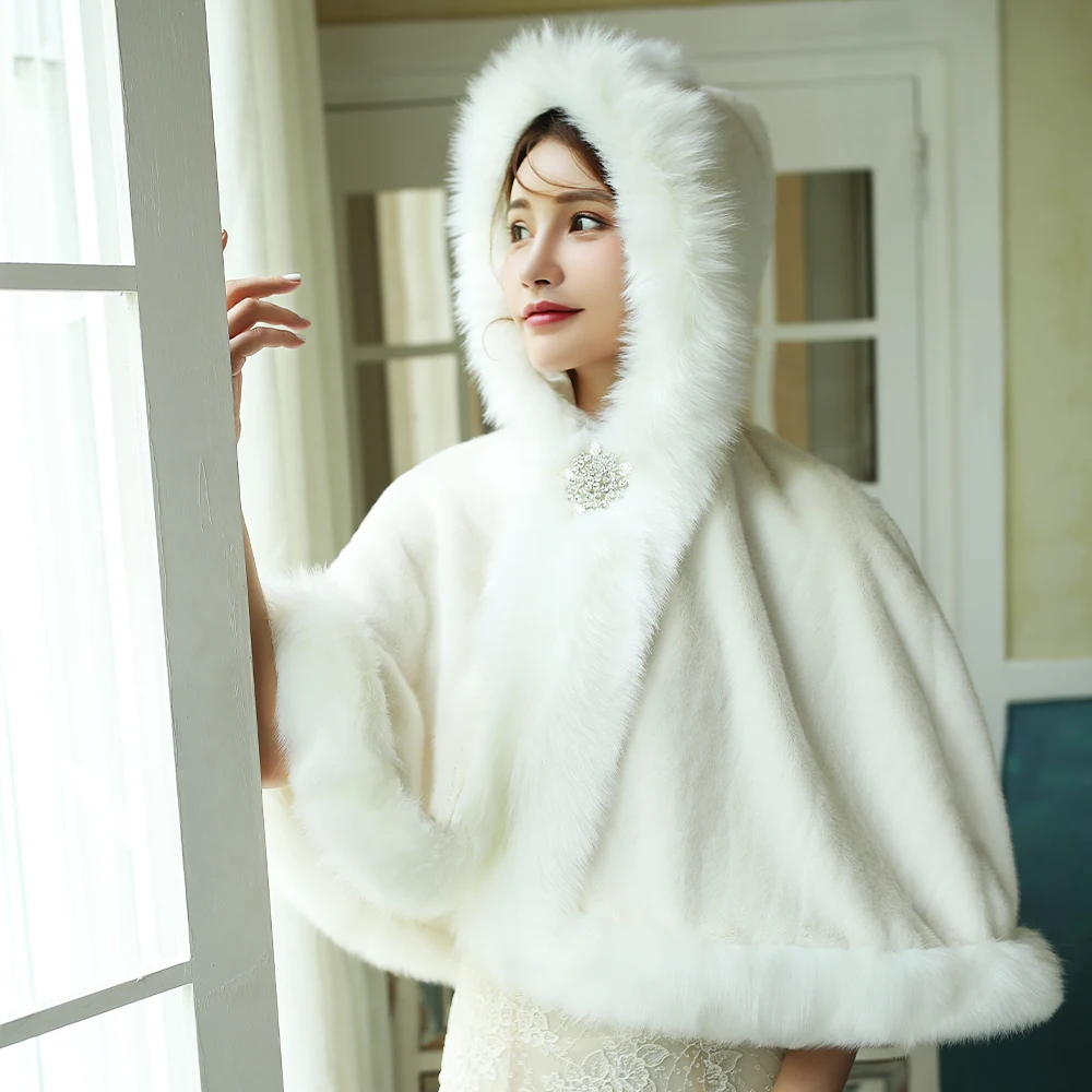 

Women Faux Fur Winter Warm Wedding Bridal Cloak Hooded Thicken Thermal Evening Ivory Lady Cape Dinner Outdoor Party Rolled Cloak