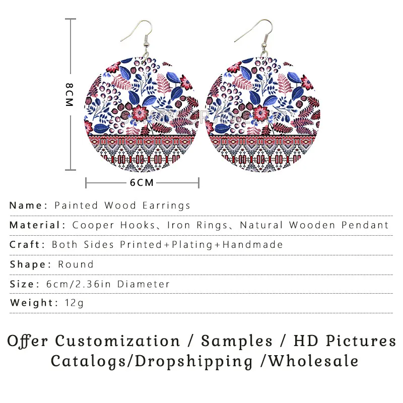 SOMESOOR Bohemian Arts Paint Wooden Drop Earrings Vintage Flower Pattern Both Sides Printed Circle Dangle Jewelry For Women Gift