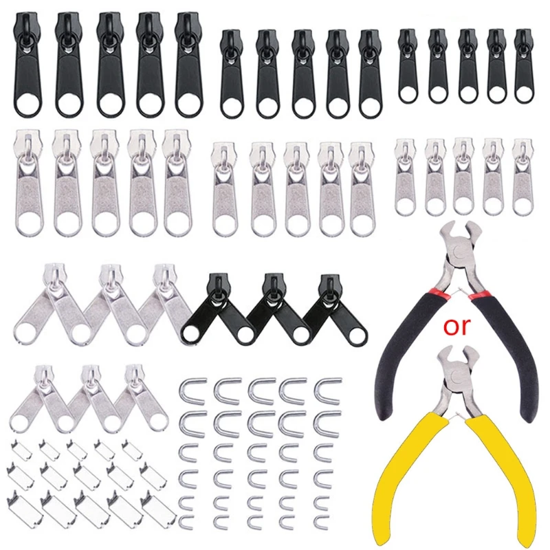 85pcs/set Zipper Repair Kit Sewing Jacket Slider Install Plier Metal Lock Pull