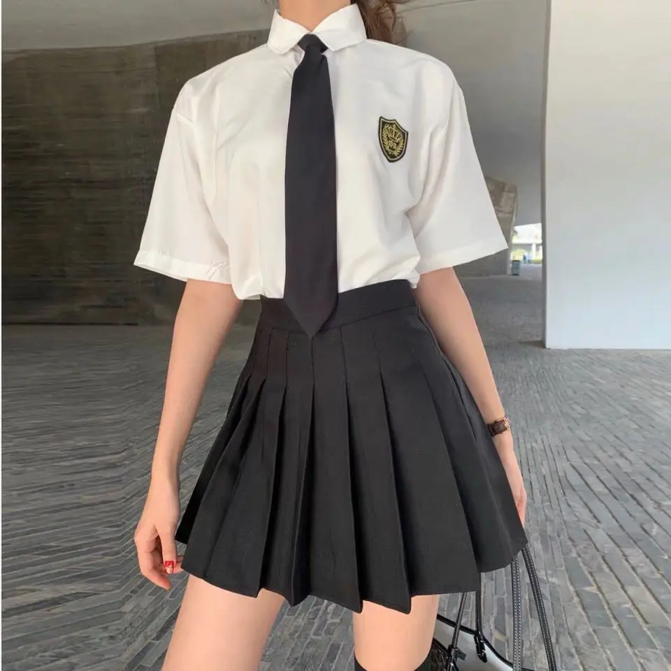 

Preppy Style Pleated Skirt Suit Summer Loose White Blouse + Skirt +Necktie Korean Schoolgirl Uniform Three Piece Cosplay Costume