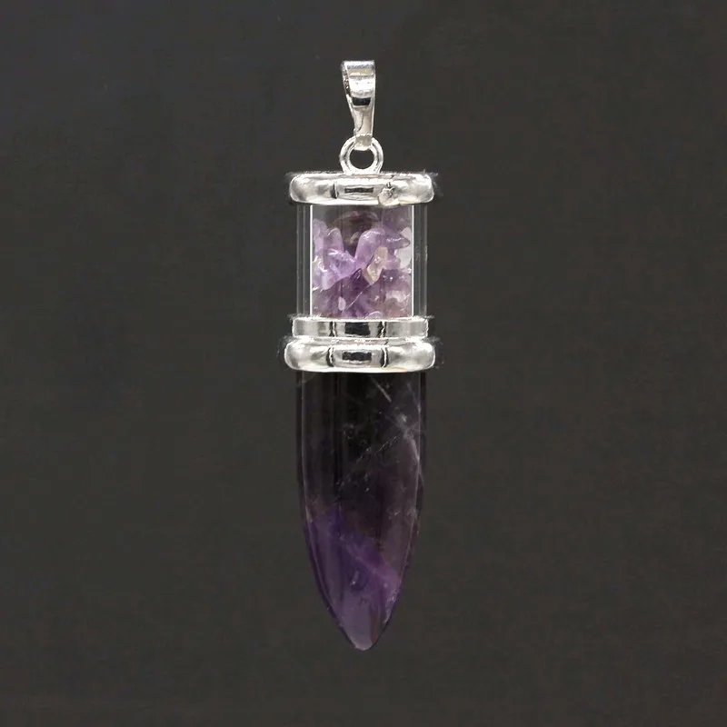 Natural Healing Crystal Quartz Reiki Necklace Amethyst Stone Bullet Shape Wishing Bottle Stone Pendant Pendulum Women Men