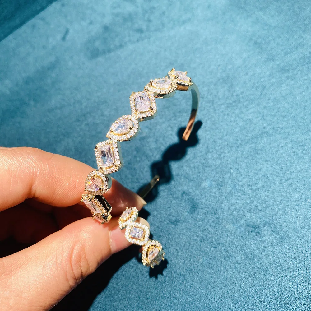 HIBRIDE الفاخرة 2 قطعة سوار وخاتم مجموعة تصميم هندسي مايكرو تمهيد مكعب زركونيا مجموعات مجوهرات للنساء الزفاف الزفاف N-56 #4