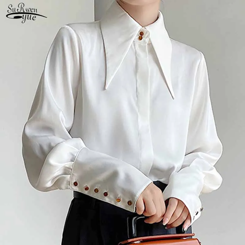 White Long Sleeve Ladies Shirts Vintage Elegant Woman Blouse Autumn Satin Silk Shirt Turn Down Collar Fashion Tops Blusas 16946