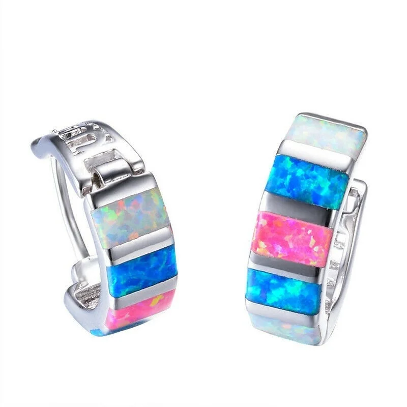 Fashion Silver Filled Blue Simulated Opal Hoop Earrings for Women Wedding