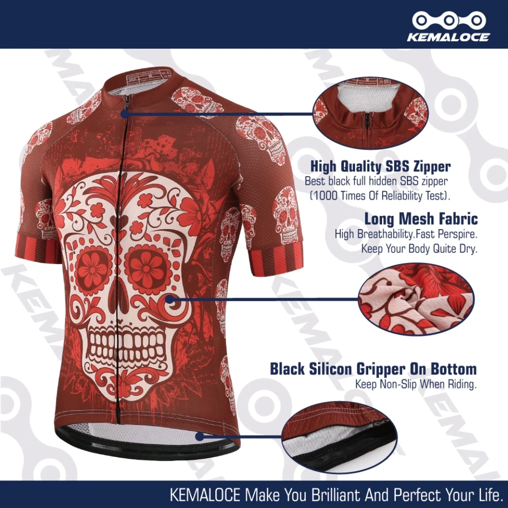 KEMALOCE Cycling Jersey Unique Red Skull Youth Pro Team Bike Sportswear Retro Novelty China Imported Men Bicycle Shirts