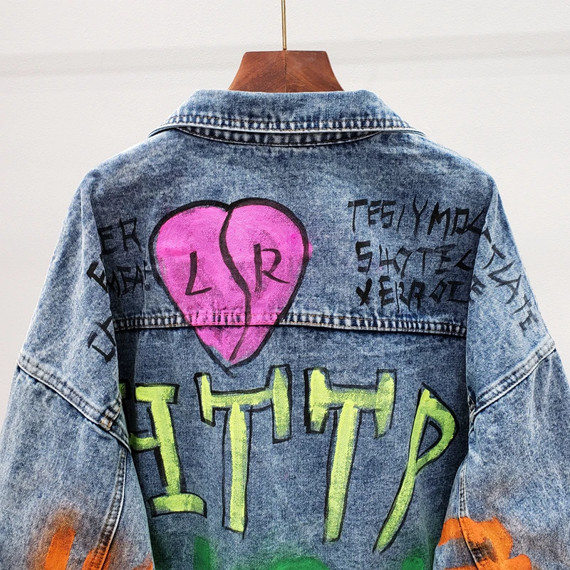 Autumn Fashion Women Letters Graffiti Print Harajuku Frayed Casual Denim jacket Chaqueta Mujer Casual Female coats Streetwear