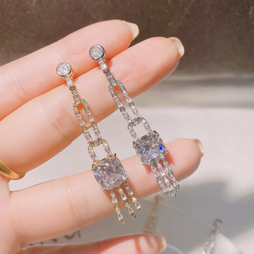 

HIBRIDE Long Tassel Square Shape Dangle Drop Earrings For Women Bridal Wedding Party Earrings boucle d'oreille femme E-1031