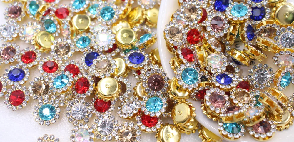 50 Stück 8–14 mm Silber- und Goldkrallen-Sonnenblumen-Strasssteine zum Aufnähen, flache Rückseite, Kristalle, Glasperlen, Nähen von Strasssteinen, Kunsthandwerk – Detail 1