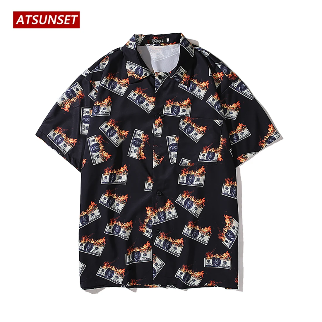 

ATSUNSET Burning Dollar Print Shirt Hawaiian Streetwear Harajuku Shirt Short Sleeve Cotton Fashion Tops