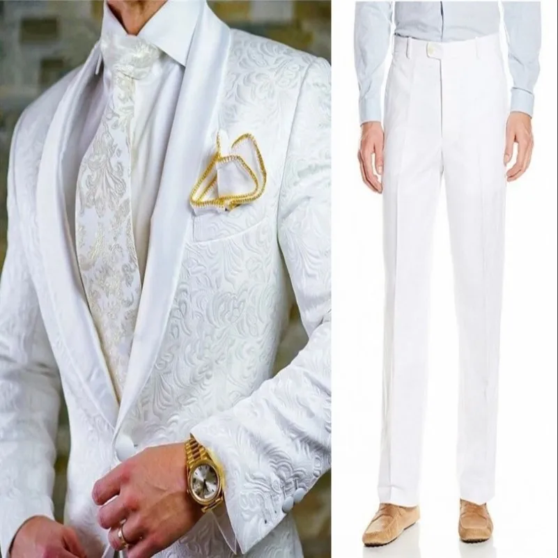 Groomsmen White Pattern Groom Tuxedos Shawl Satin Lapel Men Suits 2 Pieces Wedding Bridegroom ( Jacket + Pants + Tie ) D201