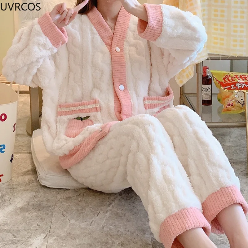 Sweet Lolita Princess Pajamas Set Women\'s Cute Embroidery Peach Pattern Coral Fleece Warm Sleepwear Girls Home Clothes Pyjamas