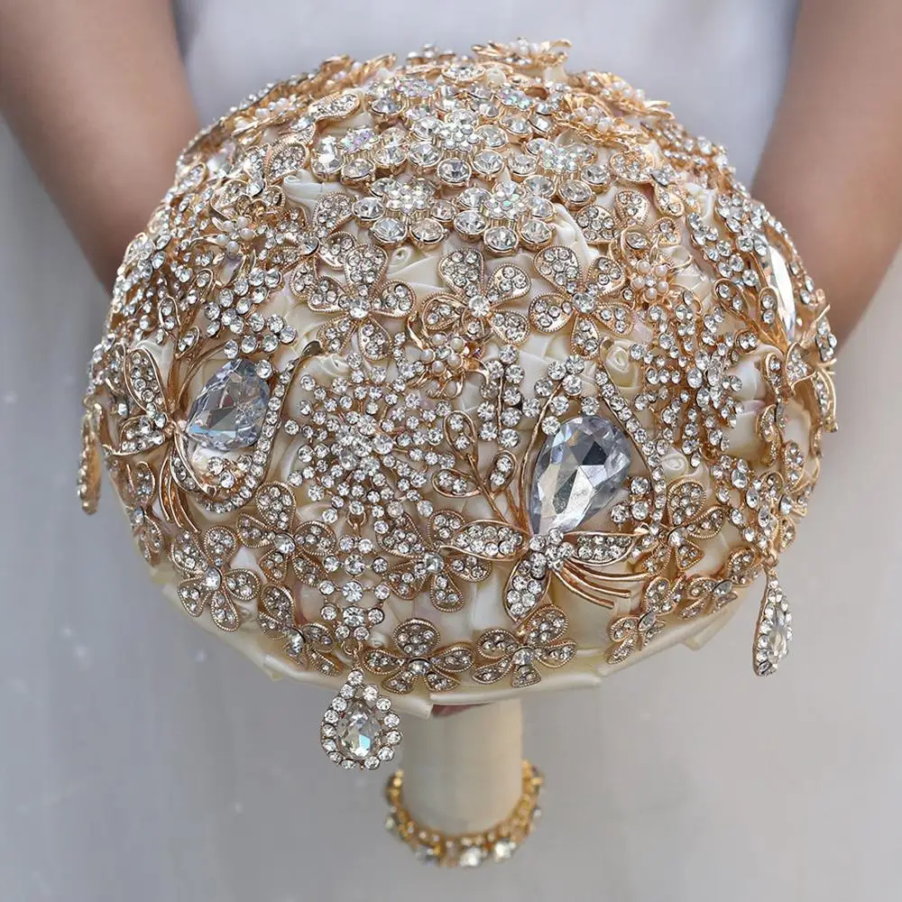 JaneVini-ramo de mano de boda con cuentas doradas de lujo, rosas artificiales de satén de cristal, flores de novia de marfil, accesorios de broche de boda