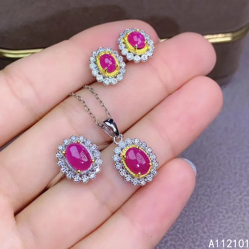 

KJJEAXCMY fine Jewelry 925 sterling silver inlaid natural ruby girl noble pendant ring earring set support test Chinese style