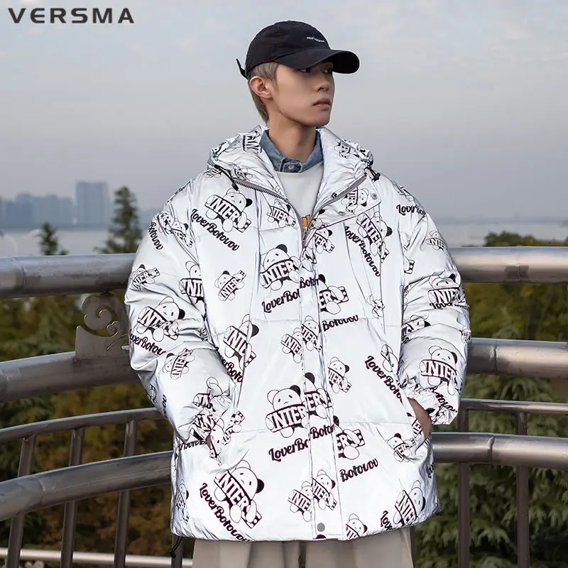 VERSMA Japanese Vintage Warm Shiny Jacket Coat Men Parka Winter Reflective Oversized Thick Unisex Cotton Men Women Jackets Coats