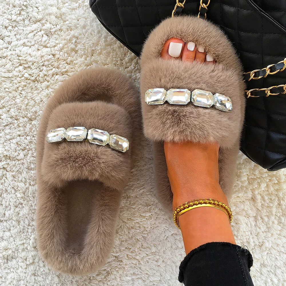 Fur Slides For Women Bling Diamond Decoration Furry Slippers Faux Fluffy Flip Flops With Chain Flat Sandals Summer Casual Shoes