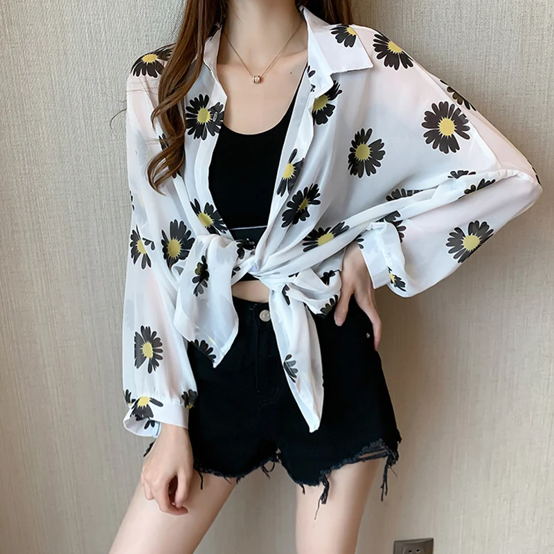 Women Casual Vintage Kimono Cardigan Ladies Summer Long Daisy Chiffon Kimono Preto Loose Flora Printed Blouse Tops Boho