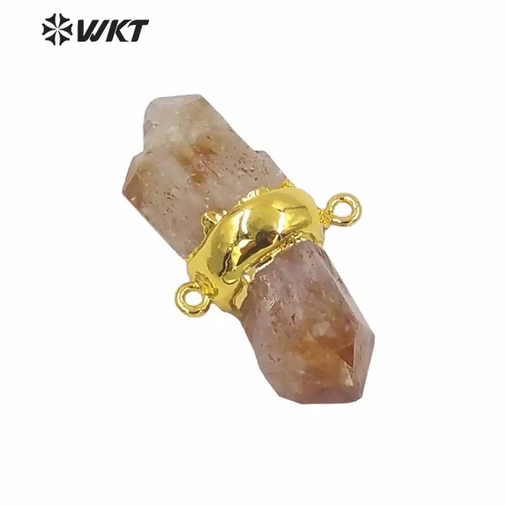 WT-P1613 Amazing Natural Raw Stone Yellow Citrines Quartz Point Pendant Women Gold Double Loops Spirit DIY Accessories