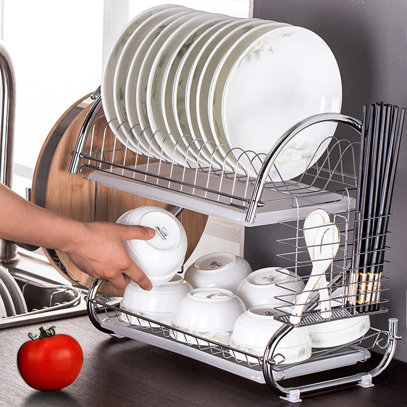 2 Tier S-A Forma di Piatto Scolapiatti In Acciaio Inox di Asciugatura Cremagliera Casa di Lavaggio Grande Cucina Lavello Scolapiatti Essiccazione