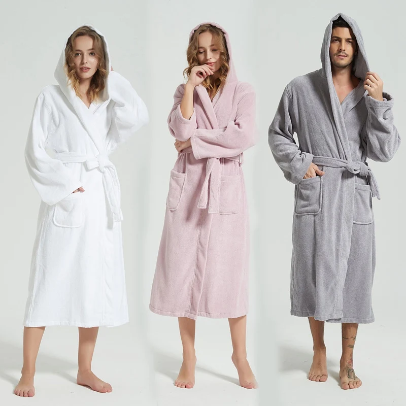 

Women Towel Bathrobe 100% Cotton Long Thick Absorbent Terry Bath Robe Hoooded Men Thick Waffle Solid Dressing Gown Sleepwear