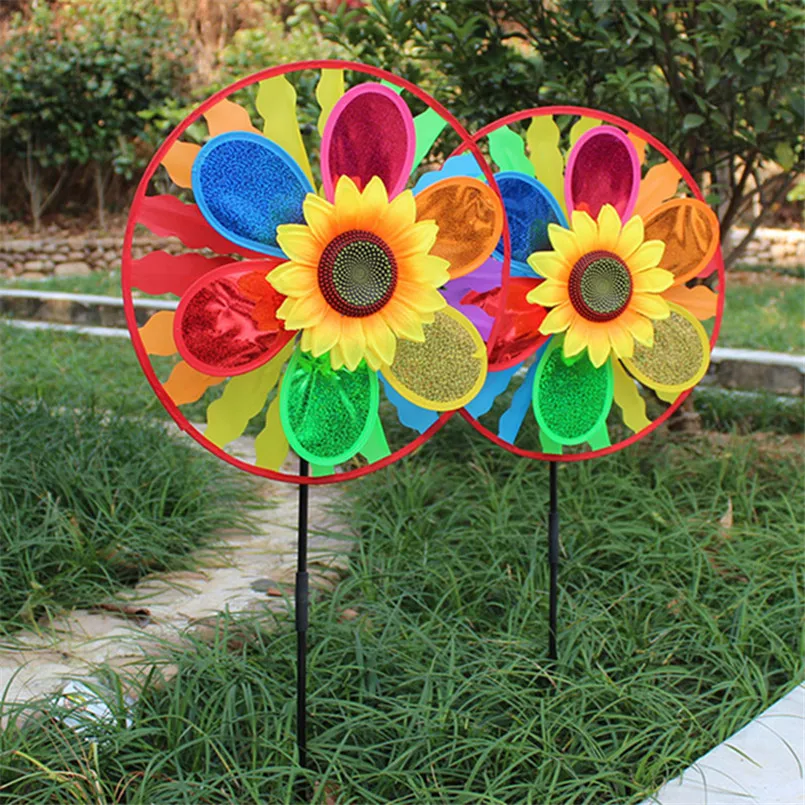 Children Colorful 3D Sunflower Windmill Toy DIY Handmade Classic Sequins Wind Spinner Garden Yard Decoration Outdoor Kids Toy