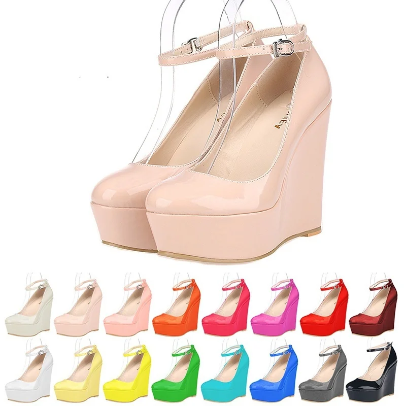 Women Shoes Sexy 12cm High Heels Platform Wedge Pumps Slipsole Wedges Buckle Strap Round Toe Stilettos Wedding Shoes Plus Size